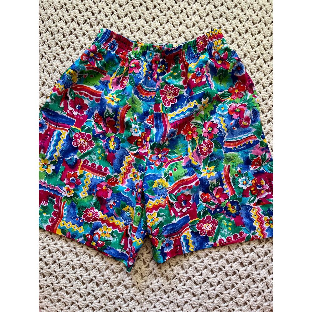 Vintage 90s Elastic Waist Shorts Floral Tropical Colorful Caribbean Size Small